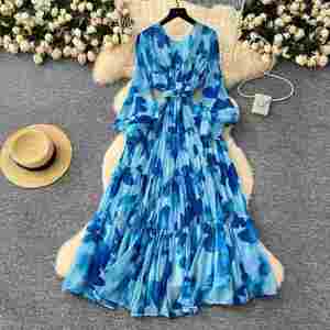Vestido Midi Casual de Verano 2025 para Mujer, Estilo Túnica Romana Tejida con Cuello Redondo, Manga Linterna, Estampado Digital en Relieve, Poliéster/Algodón - Product Image 3