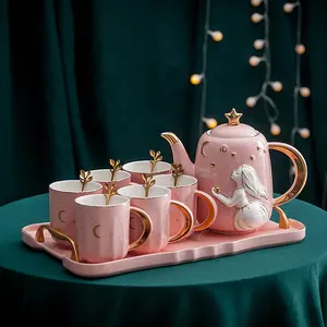 Commercio all'ingrosso di Alta Qualità di Colore Rosa Luce Domestica di Lusso di Ceramica Bere Ware Cup Pentola Salotto Rosa Tea Set