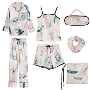 <span class=keywords><strong>Ensemble</strong></span> de pyjama sept pièces en soie simulée à rayures roses pour femmes pour été printemps doux mignon Costume de maison à manches longues par Fury Set - Product Image 3