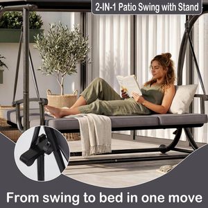 Modern Patio <strong>Swing</strong> with Adjustable Canopy, 2 in 1 Porch <strong>Swing</strong> Bed with Removable Cushion, Outdoor <strong>Swing</strong> <strong>Bench</strong> with Stand - Product Image 5