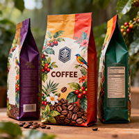 Sac à café en poudre imprimé numériquement avec un design personnalisé, 500 g, 1 lb, emballage pour grains de café, sac à fond plat avec valve et fermeture éclair