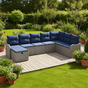 Ensemble de jardin en polyrotin gris avec canapé à coussins et rangement, 6 places, mobilier d'extérieur au design contemporain - Product Image 2