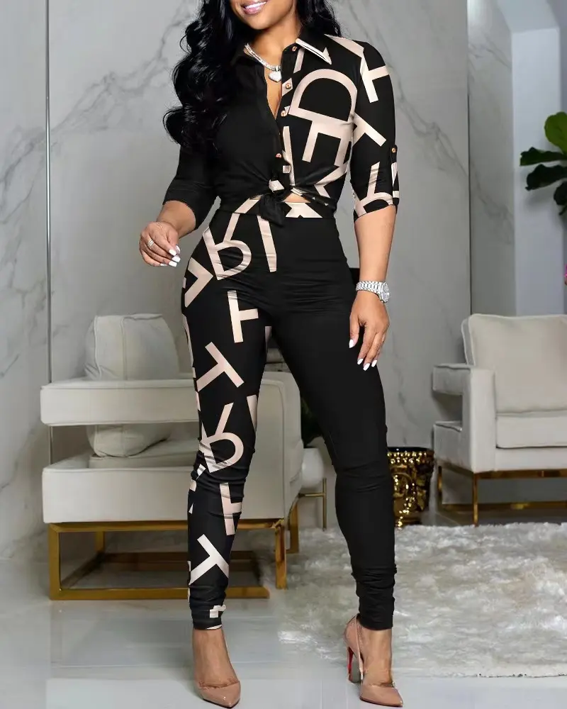 SD Hot Sale O Neck Long Sleeved Print Top Fashion Slim Fit Harem Pants Casual Two-piece Suit For Women In 2023