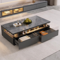 Table basse moderne en MDF gris avec bande lumineuse LED et étagère en verre, grande table de rangement rectangulaire pour salon