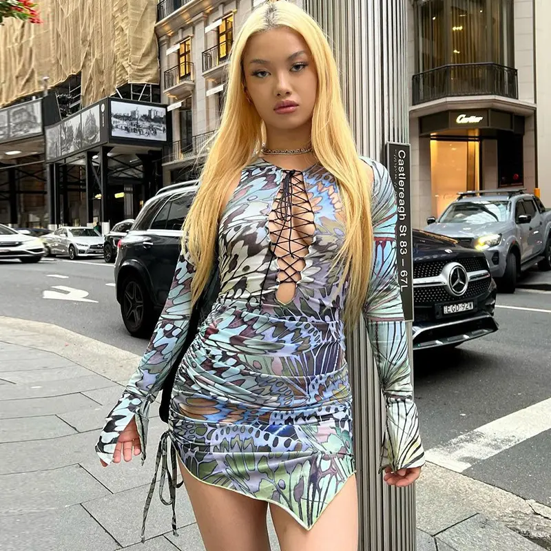 Tie Dye Print Floral 10339 Hollow Out Long Sleeve Lace Up Bandage O Neck Bodycon Irregular Mini Dress 2022 Party Glove Clothes