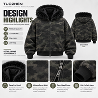 Veste à capuche zippée camouflage Dark Woodland personnalisée, avec capuche en fausse fourrure, coupe oversize et carrée, style streetwear hiver, fournisseur en gros pour marques