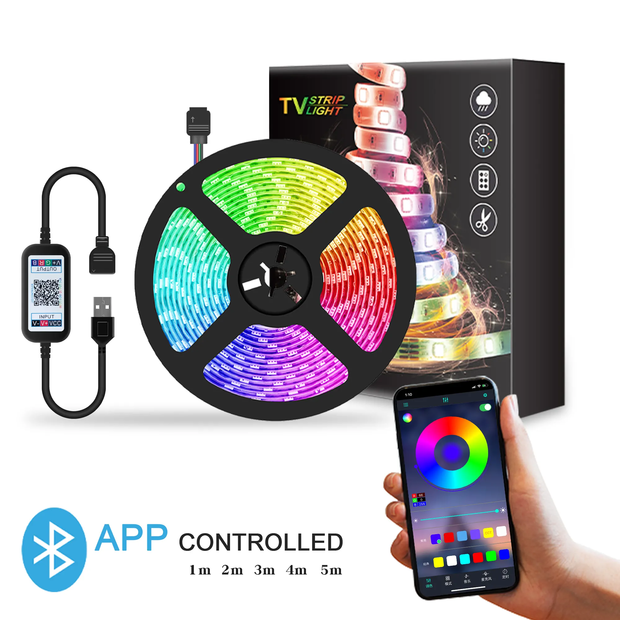 5050 Rgb USB Blue/ tooth Connection App Control Rgb Led Strip Light and 2&3 pins plug style