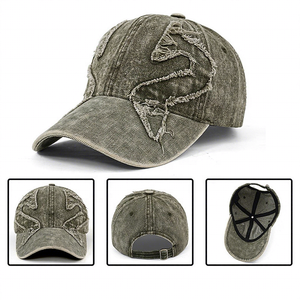 Boné de Beisebol de Algodão Lavado com Borda Desfiada e Desgastada, Bordado de Patch em Formato de Cobra com Borda Bruta, Estilo Retrô, Ajustável, Casual para Uso Externo e Proteção Solar - Product Image 2