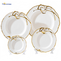 Service de table en porcelaine de luxe européen à motif ginkgo embossé, assiettes en céramique plaquées or, réutilisables et résistantes à la chaleur