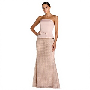 Elegante Vestido de Noche de Satén Largo hasta el Suelo con Hombros Descubiertos, Sin Tirantes, Estilo Tubo, Detalle de Lazo, Color Sólido, Cintura Natural y Detalle Floral - Product Image 1