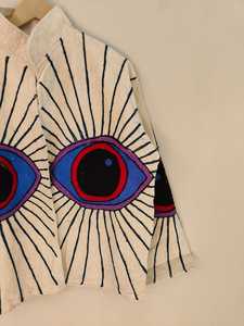 Blouson Bomber en Velours Blanc Brodé avec un Oeil Maléfique Fait Main Hiver Boho Tribal Réversible Respirant Écologique Manches Courtes - Product Image 4