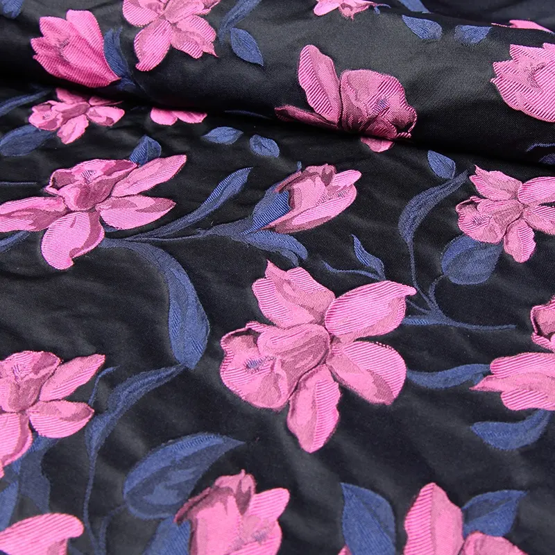 Chất Lượng Hàng Đầu Tái Chế Sợi Polyester Nhuộm Crepe Jacquard Hoa Vải Hoa Roes Đỏ Thổ Cẩm Vải Sinh Thái Cho Phụ Nữ Quần Áo