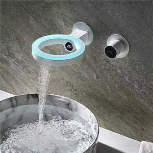 Robinet de lavabo mural en céramique et laiton, robinets à débit contrôlé, <span class=keywords><strong>poignée</strong></span> unique, design encastré dissimulé, affichage numérique - Product Image 3