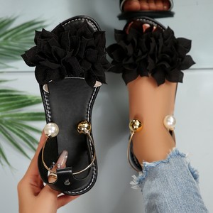 <span class=keywords><strong>Sandalias</strong></span> <span class=keywords><strong>Planas</strong></span> de Gasa con Flores 3D para <span class=keywords><strong>Mujer</strong></span>, Diseño OEM ODM, con Perlas, Bola Dorada, Correa Ajustable en el Tobillo, Antideslizantes, Punta Abierta, Estilo Boho, para Playa - Product Image 1