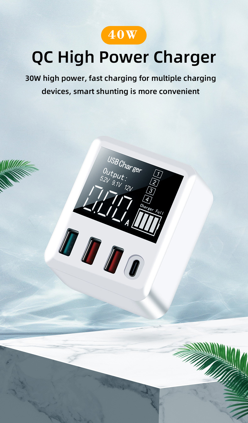 40W Quick Charge 3.0 USB Charger PD Type C HUB LED Display Wall Charger Fast Mobile Phone Charger For iPhone Samsung USB Adapter