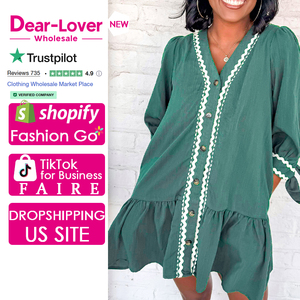 Dear-Lover Venta al por mayor Mujeres Canton Contraste Ricrac Trim Botón Cuello en V Pulsera anudada Manga Vestido de cambio - Product Image 1