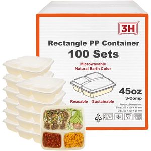 กล่องเตรียมอาหาร 3H ขนาด 45 ออนซ์ แบบ 3 ช่อง 100 กล่อง/ลัง, 200 ชิ้น พร้อมฝาปิด, กล่องอาหารแบบพกพา, ใช้กับไมโครเวฟ/เครื่องล้างจาน/ช่องแช่แข็งได้ - Product Image 1