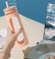 Nouveau Design coloré personnalisé Silicone couverture 2024 bonne qualité verre transparent gobelet avec paille bambou bouteille d'eau noël