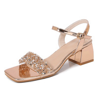 Sandales à talons épais pour femmes avec strass, talon haut, tendance mode, bride à boucle, taille 125-1, or, argent, noir
