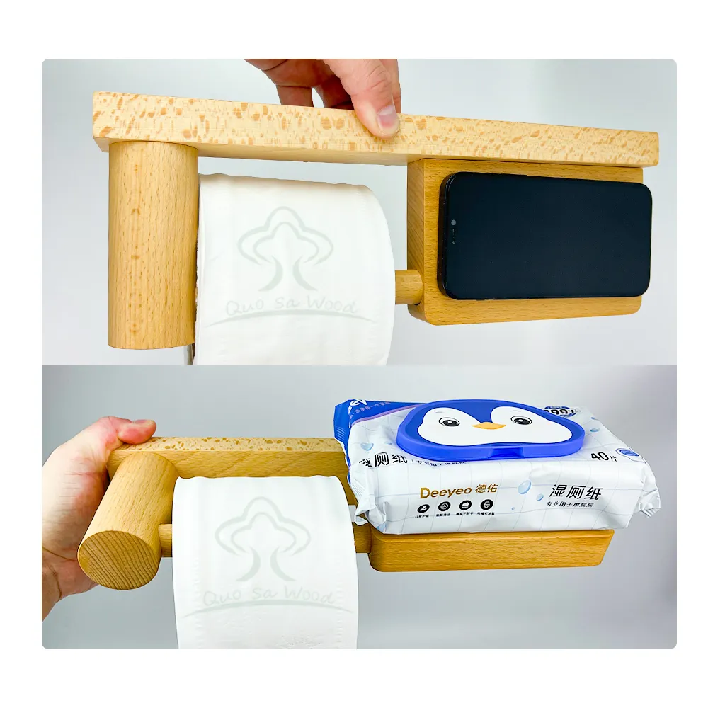 Distributeur de porte-rouleau de papier toilette en bois avec étagère porte-papier hygiénique magnétique pour salle de bain
