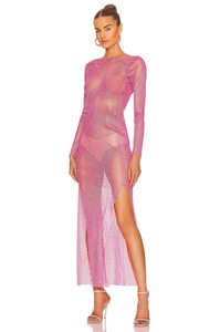 Sexy da donna a maglia diamantata trasparente abiti scintillanti di strass di lusso impreziositi Maxi abito trasparente in rosa di fabbrica OEM - Product Image 2