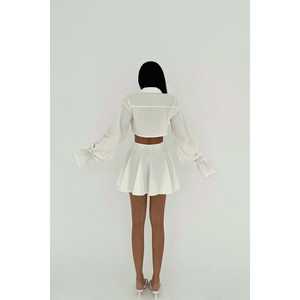 Jila <b>White</b> Two-Piece Club <b>Set</b> Mini <b>Skirt</b> <b>and</b> Bow Collar <b>Top</b> Above Knee Length Shorts <b>Set</b> - Product Image 1