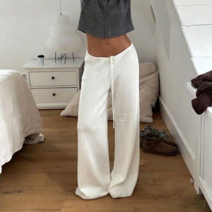 Pantalon en maille côtelée taille haute à jambe large pour femme, avec cordon de serrage, décontracté et ample, pour automne-hiver, blanc et gris, long et fluide - Product Image 3