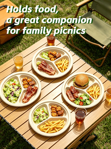 <b>Disposable</b> 9 Inch 3 Compartment Sugarcane Bagasse Round <b>Plate</b> Compostable Biodegradable Dinner <b>Plates</b> for Camping - Product Image 5