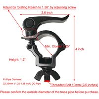 Pince de fixation pour éclairage de scène, capacité de charge 150 lbs, crochet d'éclairage robuste en alliage d'aluminium pour DJ, compatible avec les tuyaux de 1-1/4-1-3/8 pouces (32-35 mm) de diamètre