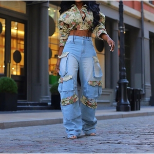 Nouvelle mode d'automne, haut court à fleurs, pantalon en jean multi-poches, ensemble décontracté 2 pièces pour femmes, tendance - Product Image 3