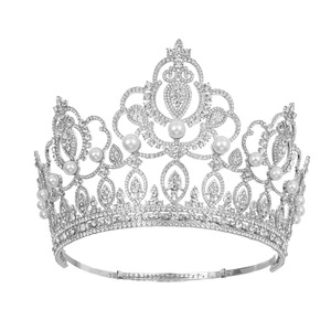 Tiara de cristal perlado brillante con corona completa, hueca, plateada y con diamantes de imitación para concurso de belleza, boda, graduación, accesorio nupcial para la cabeza. - Product Image 1