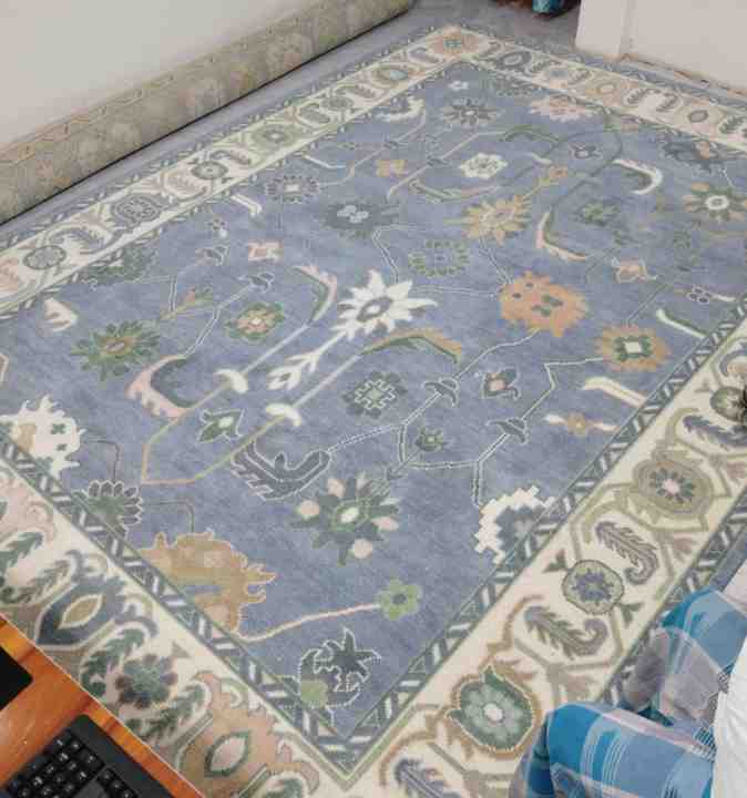 Best Customizable 9x12 Blue Beige Knotted Handmade Oushak Rug Vintage Turkish Area Rug for Teen Living Room for Home Use