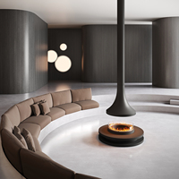 Cheminée suspendue au design moderne et séparé, avec base circulaire au sol et flamme annulaire à 360°, foyer bioéthanol futuriste suspendu