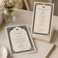 Ensemble d'invitations de mariage musulmanes traditionnelles de luxe, cartes en papier imprimées sur mesure avec motif mosaïque complexe et options de cadres multicolores