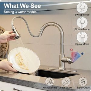 Robinet <span class=keywords><strong>de</strong></span> <span class=keywords><strong>cuisine</strong></span> <span class=keywords><strong>haut</strong></span> <span class=keywords><strong>de</strong></span> <span class=keywords><strong>gamme</strong></span> moderne américain en acier inoxydable brossé avec douchette extractible, à monobloc, à encastrer sur plan, avec noyau en céramique - Product Image 2