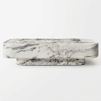 Table basse rectangulaire à deux niveaux en marbre Calacatta Viola, coins arrondis, socle en pierre massif, table basse à niveau décalé