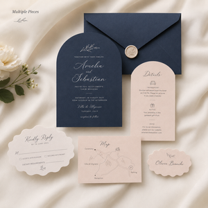 Suite d'invitations de mariage moderne bicolore personnalisée avec cartes découpées en forme d'arche et festonnées et motifs floraux simples en ligne - Product Image 5