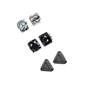 Pendientes de Clip de Acero Inoxidable Sin Perforación con Circonita, Ónix Negro, Números Romanos y Diseño de Triángulo Geométrico - Product Image 1