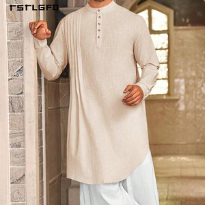 <b>Men</b> Cream Cotton Linen Kurta Henley Neck Pintuck Pleat Curved Hem Long Sleeve Loose Mid-Length Islamic Casual Modest Shirt - Product Image 2