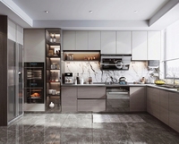 Cuisine personnalisée exclusive Lesso Home, armoire murale, évier, plan de travail en marbre, porte en verre, accessoires en bois écologiques, modernes et modulaires