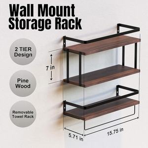 2 + 1 단 벽걸이 부동 선반 2 개 세트 티슈 랙 & 타월 바 소박한 나무 선반 - Product Image 2