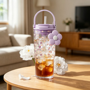Plastic Water Bottle With Straw Floral Design <b>Large</b> Capacity Portable For Outdoor Use - Product Image 2