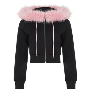 Color Block Fur Trim <b>Hooded</b> <b>Zip</b> Up Sweatshirt Jacket, Casual Cropped Hoodie Jacket, Y2K Streetwear Fashion Outerwear - Product Image 6