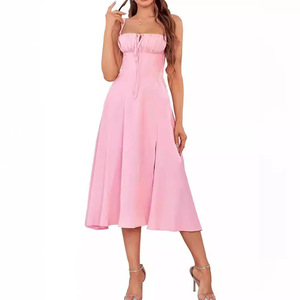 Vestidos de <span class=keywords><strong>mujer</strong></span> de longitud media informales americanos europeos, vestido de estilo bohemio con abertura elegante, ropa de verano con lazo en la espalda - Product Image 3