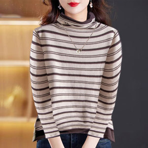 Women's Striped Turtleneck Sweater Long Sleeve Black Polyester Autumn Winter Top - Product Image 4
