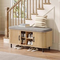 Banc de rangement rustique pour entrée OEM ODM avec portes coulissantes à tambour rainurées, compartiments ouverts, coussin et pieds en métal noir