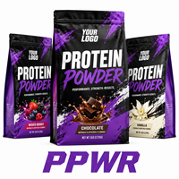Sachet d'emballage personnalisé PPWR pour poudre protéinée violette avec votre logo, pochette à fond plat pour les marques de suppléments de performance