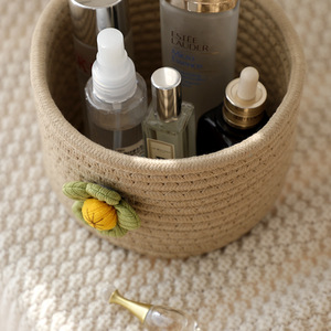 Handmade Woven Storage Basket <b>Round</b> Natural Fiber With Flower Decor For Desk <b>Bedside</b> Coffee <b>Table</b> Organization - Product Image 4