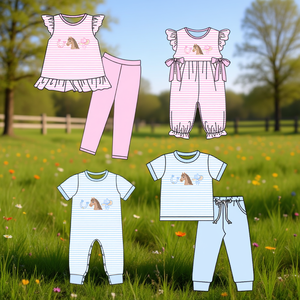 Ensemble de vêtements personnalisés pour enfants style western cowboy/cowgirl, combinaison respirante en coton et élasthanne pour le printemps et l'automne, tenue décontractée assortie pour frères et sœurs - Product Image 2