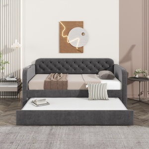 Canapé-<span class=keywords><strong>lit</strong></span> moderne en tissu velours gris foncé, taille double, avec design de charge USB, pour salon - Product Image 1